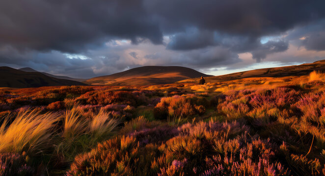 A field of purple and yellow flowers under a cloudy sky.