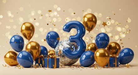 Festive celebration with gold and blue balloons and disco ball for birthday or anniversary
