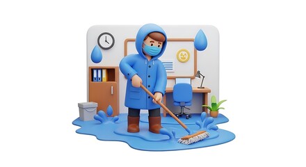 Man with Mop Cleaning Flood in Office