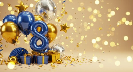 Eighth birthday celebration with gold and blue balloons and gifts