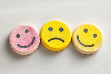 Emotionally Charged Expression of Happiness through Colorful Wooden Tokens Symbolizing Joy and Sadness Captured in a Minimalist Composition captured with clarity
