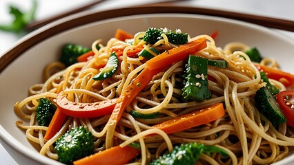 Spaghetti and noodles served with shrimp and chicken on a plate