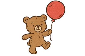 Cheerful cartoon teddy bear carrying red balloon, strolling across transparent backdrop for playful kids' graphic design
