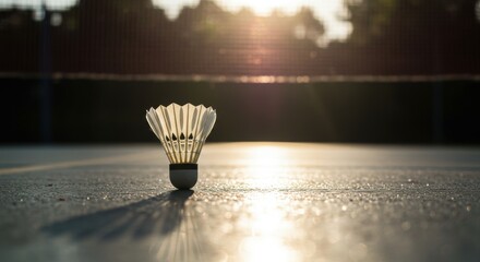 Sunlit badminton court with shuttlecock at dawn capturing sport and tranquility