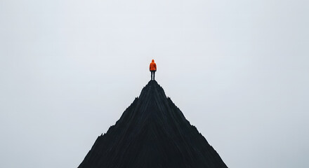 Lone figure stands atop a jagged mountain peak against a vast overcast sky