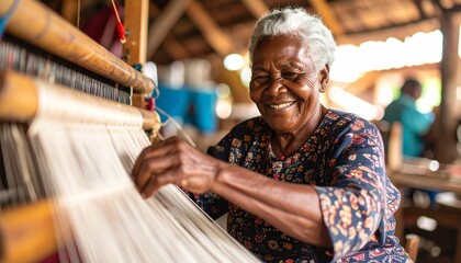 Weavers radiant smile threads through ancient craft