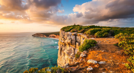 A person standing on top of a cliff overlooking the ocean.