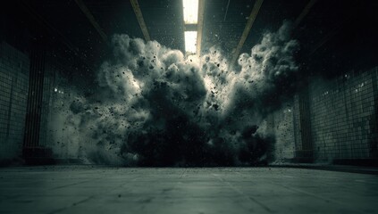 Dark, voluminous cloud explosion in a concrete tunnel