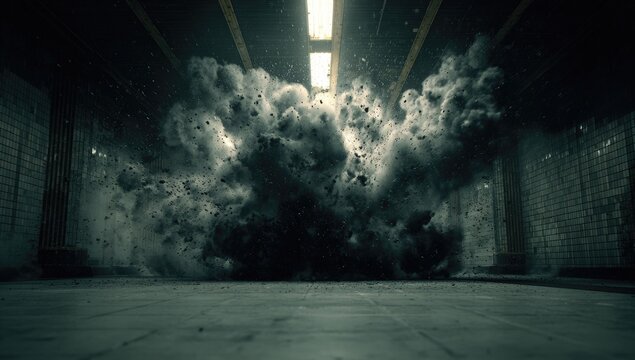 Dark, voluminous cloud explosion in a concrete tunnel