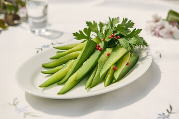 Lightly salted cucumbers on white plate, bright natural lighting, simple overhead composition