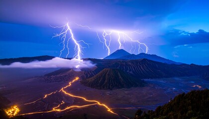Electric storm over ancient volcanic landscape