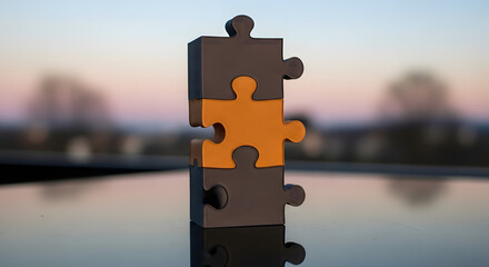 Single orange puzzle piece stands out against dark pieces and blurred background