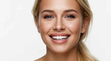 Bright smiling young woman with natural makeup on white background