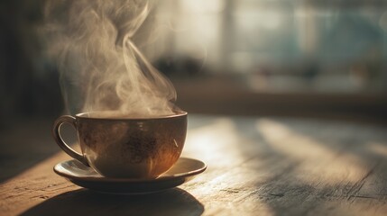 Fototapeta premium Warm cup of coffee in a cozy living room morning light still life relaxing atmosphere
