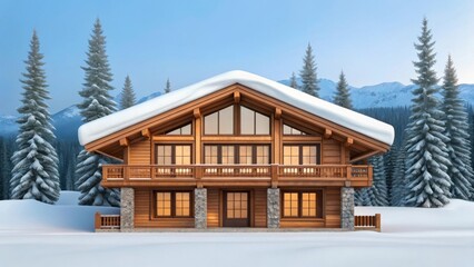 Cozy wooden chalet nestled in a snowy mountain forest landscape