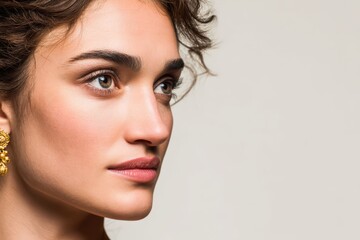 Naklejka premium Captivating profile of a fashionable woman adorned with exquisite gold earrings showcasing elegance and allure combined with a striking natural beauty in a minimalist setting