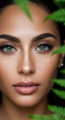 Close-up portrait of a woman surrounded by fern leaves for beauty and nature themes