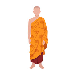 Fototapeta premium Standing Bald Monk in Orange Robe with Lotus Flowers on White Background