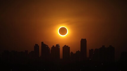 Ring of fire solar eclipse over city skyline.