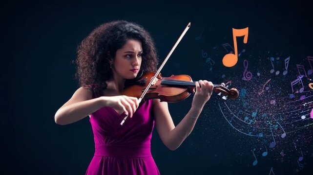 Young woman playing violin with musical notes in air