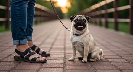 Pug on leash enjoying walk on brick pathway with owner in sandals at sunset