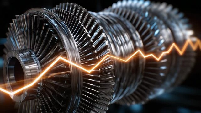 Machine with a lot of gears and a line of orange sparks. The machine is made of metal. dramatic close-up of turbine rotor, semi-transparent price line sweeping upward, sustainable energy stocks - Powered by Adobe