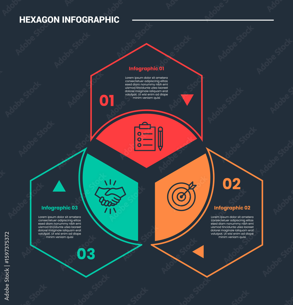 Poster hexagon base shape infographic process diagram with circle combination on hexagon structure with dar