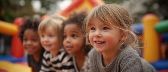 Various age groups of adorable little toddlers playing on an inflatable bouncy house