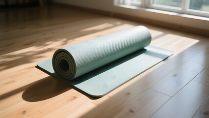 Rolled Yoga Mat on Wooden Floor Near Sunlit Window