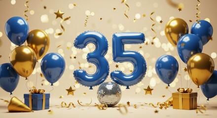 Festive 35th birthday celebration with balloons, confetti, and gifts
