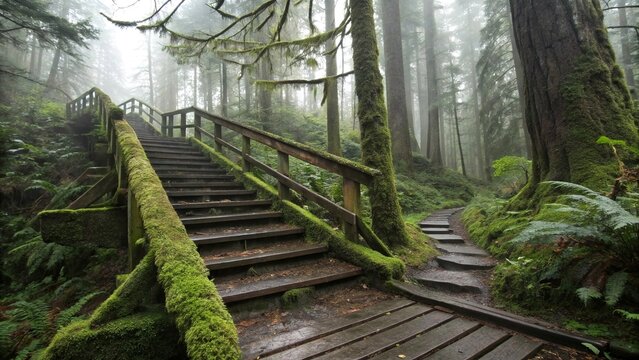 A wooden bridge and a forest path surrounded by trees in nature