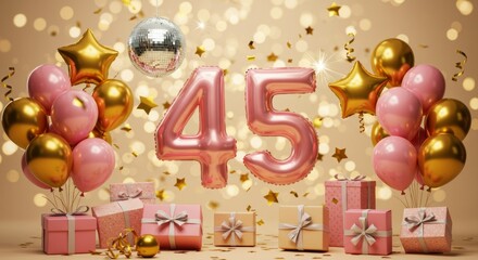 Elegant birthday celebration with balloons, disco ball, and gifts for a 45th anniversary