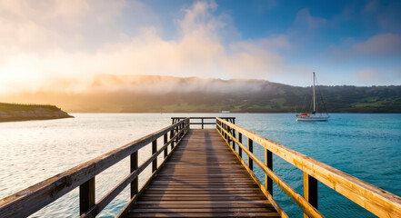 Obraz premium A wooden pier with a sailboat in the water.