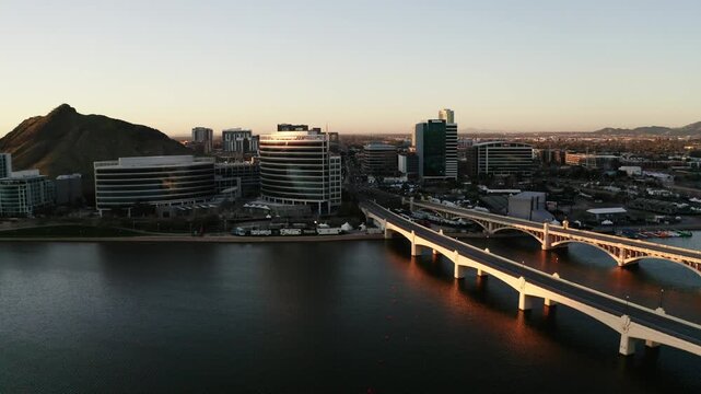 Drone shot over Tempe, Arizona at sunset. Empty bridges.