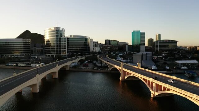 Drone shot over the Salt River towards Tempe, Arizona.