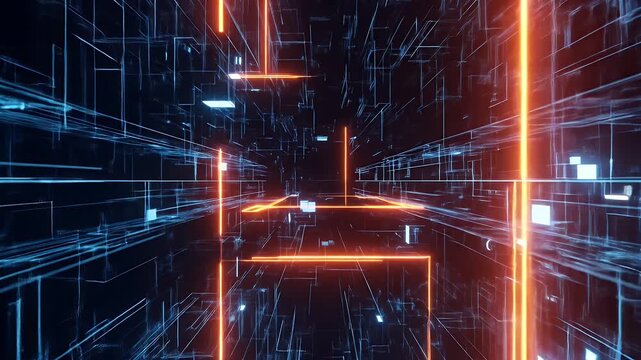 Abstract digital grid with neon orange lines and blue light