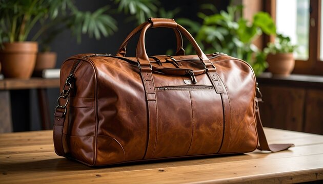 Brown leather duffel bag on wooden table