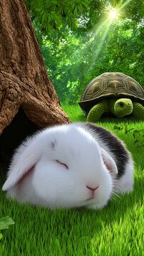 Rabbit Tortoise Relaxation Habitat Nature Green Grass Forest Woodland Animals Cuteness Outdoors Spring Summer Furry Whiskers Shell Friends Peaceful Environment Sunny Shade Soft Fluffy Idyllic Wildlife