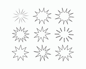 Comic speech bubbles, bursts, explosions, and cloud shapes in black outlines. Perfect for comic strip designs, cartoons, and graphic art. Versatile elements for dynamic storytelling, action