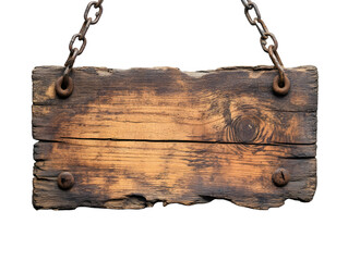 Rustic weathered wooden plank sign with rusty chains hanging isolated on transparent background