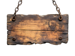 Rustic weathered wooden plank sign with rusty chains hanging isolated on transparent background