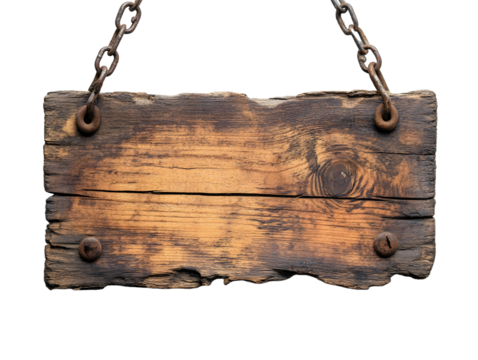 Rustic weathered wooden plank sign with rusty chains hanging isolated on transparent background
