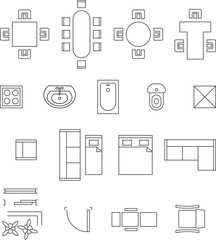 Furniture Floor Plan Icons Set, interior design, seat plan, Architectural elements, bathroom, customizable stroke, vector, illustration