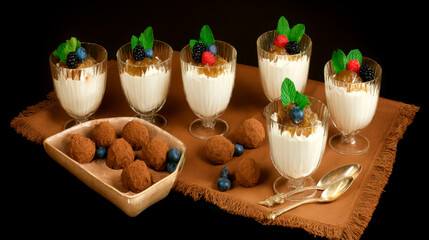 Photo-realistic image of elegant vegan dessert glasses filled with creamy white soy milk and coconut biancomangiare.