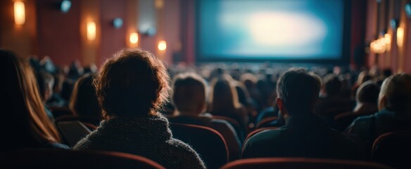 The audience captivated by a film in a darkened movie theater setting
