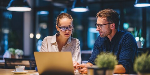 The collaborative meeting of two professionals discussing ideas at a modern workspace.