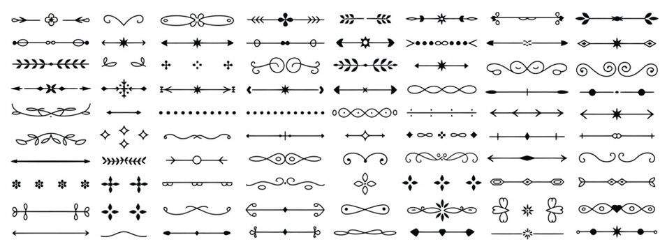Elegant decorative dividers, ornate line separators, vintage flourish designs, whimsical borders, and charming embellishments deeign vector format