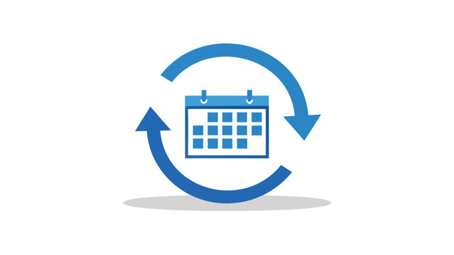 Blue calendar icon with curved arrows indicating a cycle or recurring event and a white background