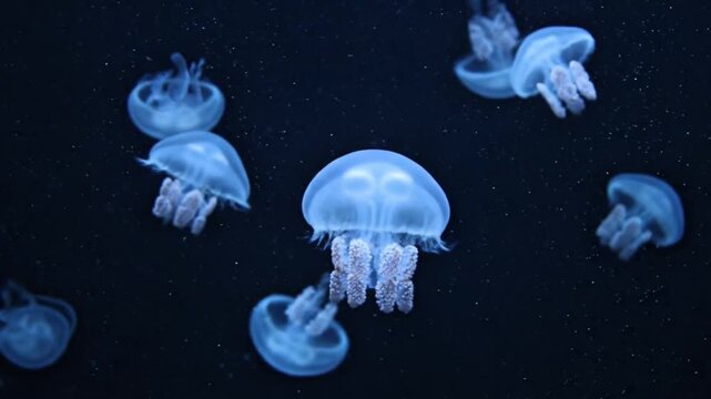 Group of Blue Jellyfish Swimming in Deep Ocean Water
