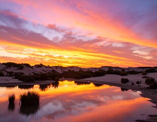 Obraz premium Fiery sunset reflection on tranquil waters